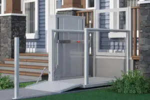 Outdoor AmeriGlide vertical platform lift next to stairs providing an accessible entry option to a home.
